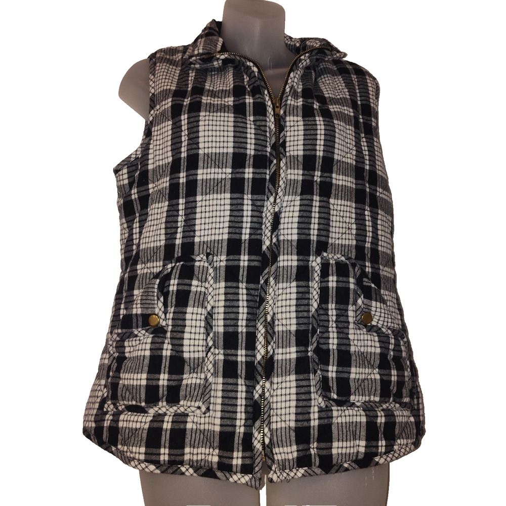 Tea Rose Women’s Black & White Plaid Quilted Vest Size L BG13